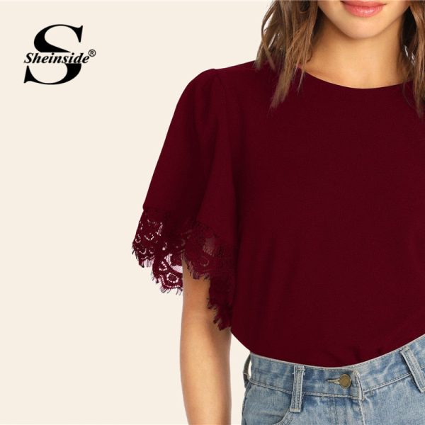 Casual Eyelash Lace Trim Flounce Sleeve Blouse - Image 6