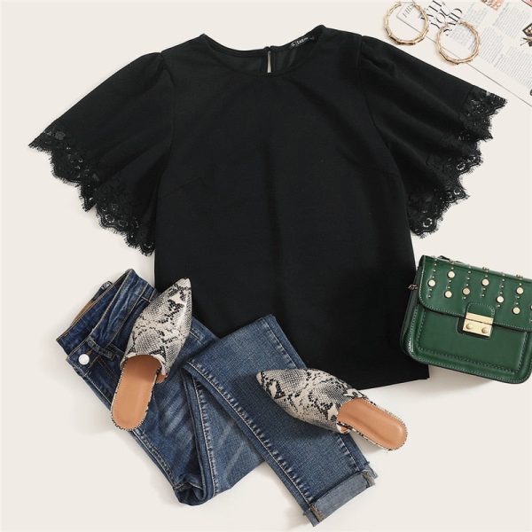 Casual Eyelash Lace Trim Flounce Sleeve Blouse - Image 8