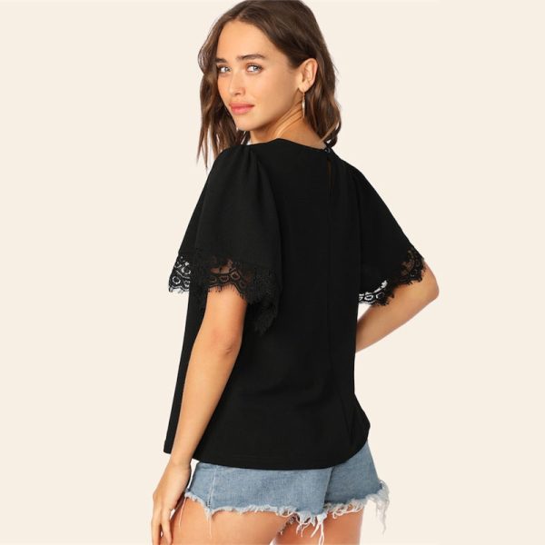 Casual Eyelash Lace Trim Flounce Sleeve Blouse - Image 2