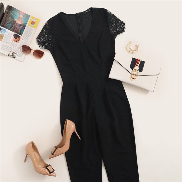 V Neck Lace Short Sleeve Solid Jumpsuit - Image 6