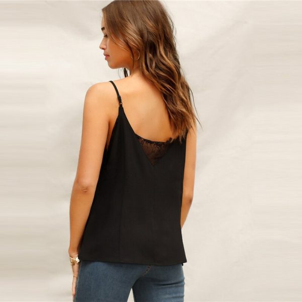 Lace Insert Solid Casual Basic Sleeveless Top - Image 3