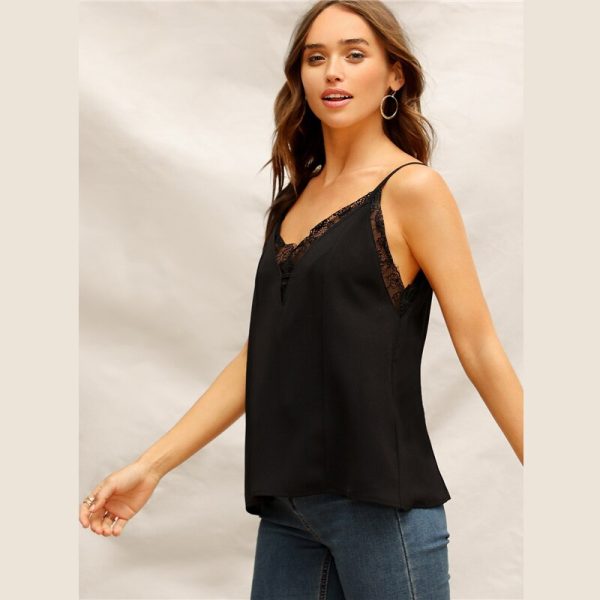 Lace Insert Solid Casual Basic Sleeveless Top - Image 2