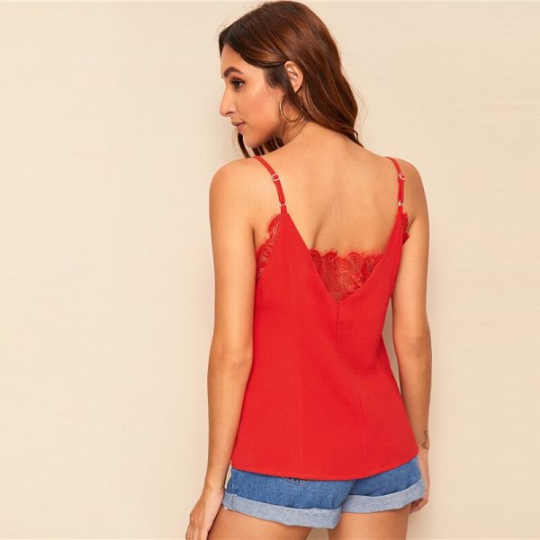 Lace Insert Solid Casual Basic Sleeveless Top - Image 6