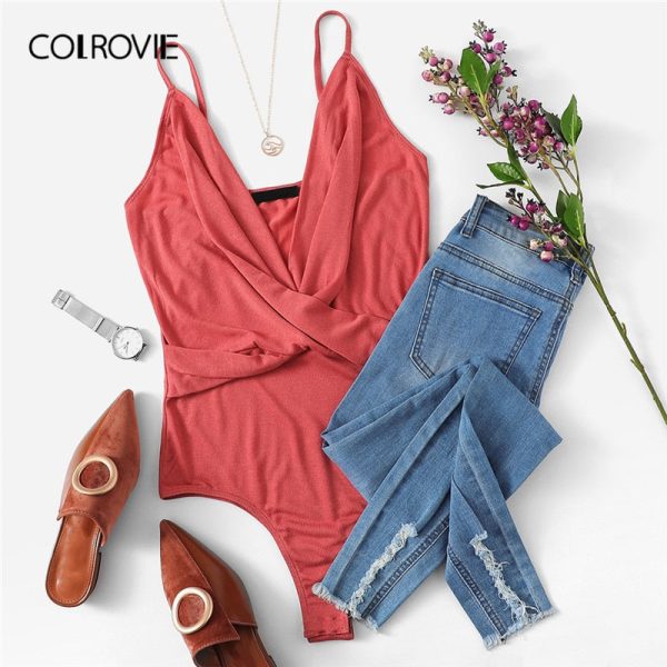 Solid Plunging Neck Cross Wrap Bodysuit - Image 4