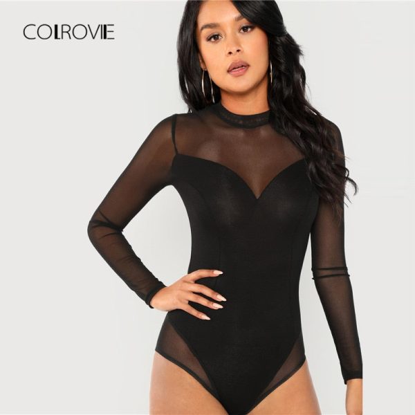 Mesh Panel Skinny Bodysuit - Black