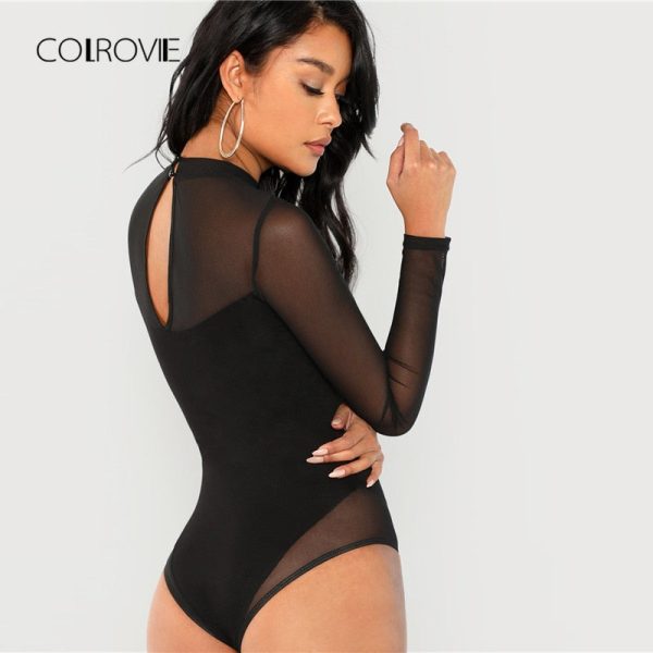 Mesh Panel Skinny Bodysuit - Black - Image 4