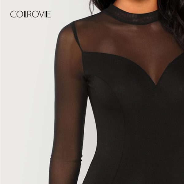 Mesh Panel Skinny Bodysuit - Black - Image 2