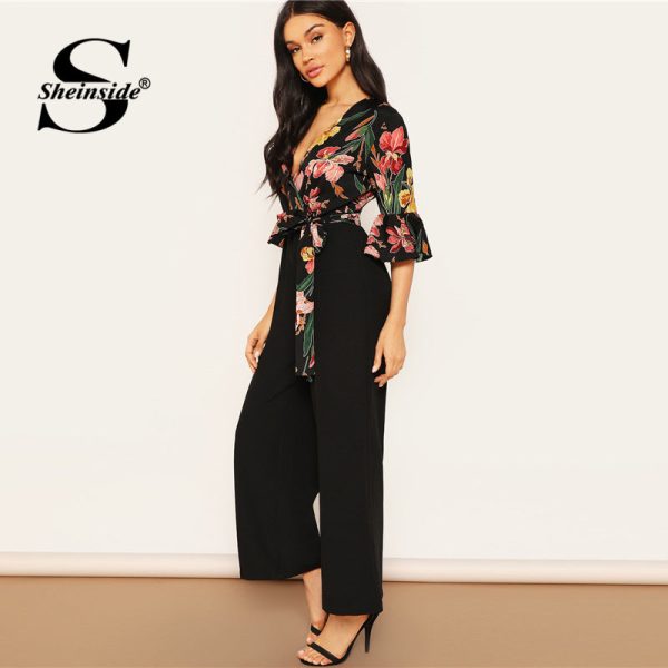 Elegant Floral Print Wrap Wide Leg Jumpsuit
