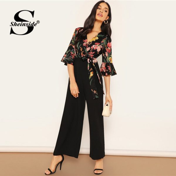 Elegant Floral Print Wrap Wide Leg Jumpsuit - Image 3