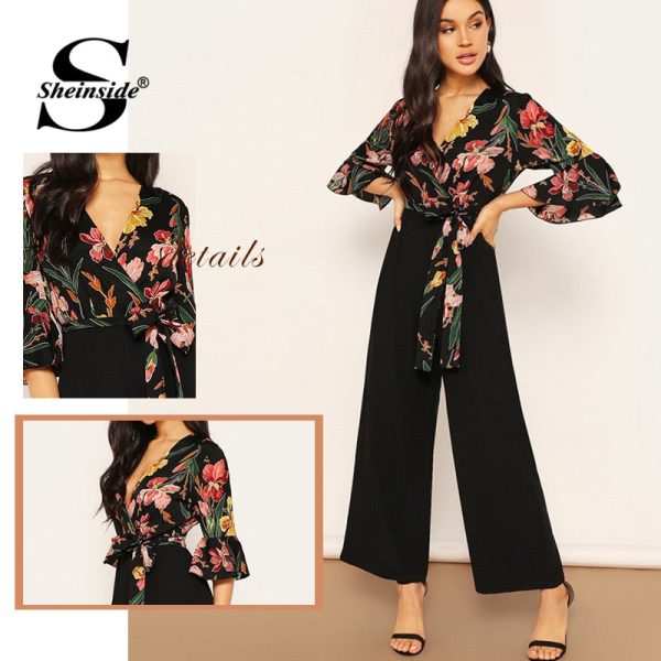 Elegant Floral Print Wrap Wide Leg Jumpsuit - Image 4