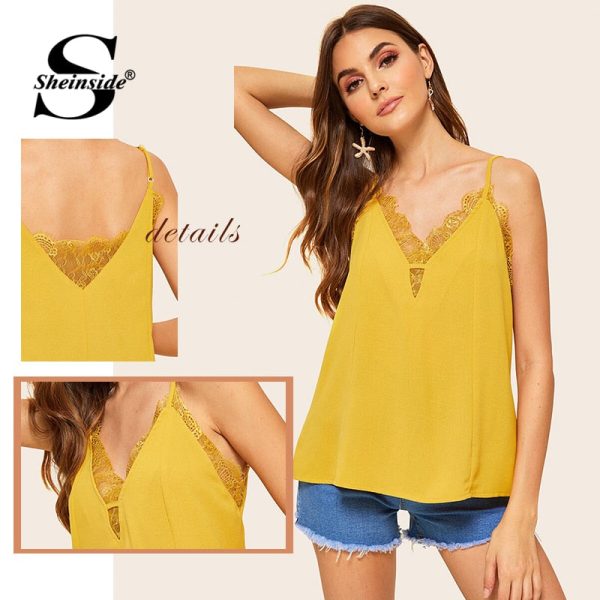 Lace Insert Solid Casual Basic Sleeveless Top - Image 7