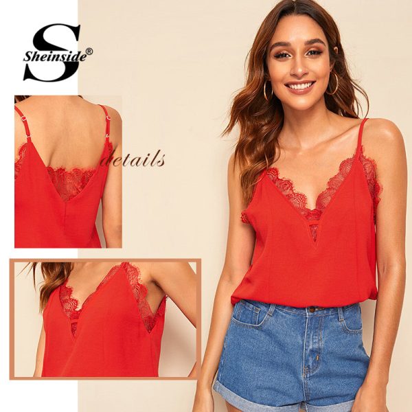 Lace Insert Solid Casual Basic Sleeveless Top - Image 5
